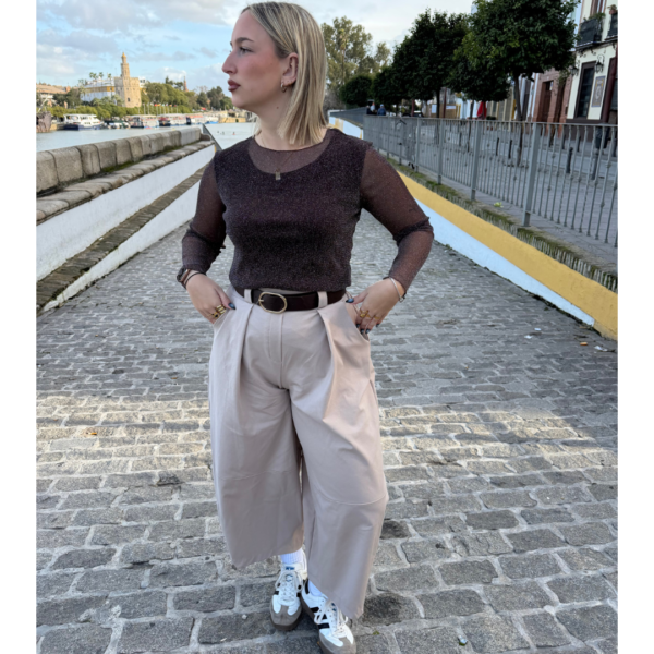 Pantalon pinza palazo beig